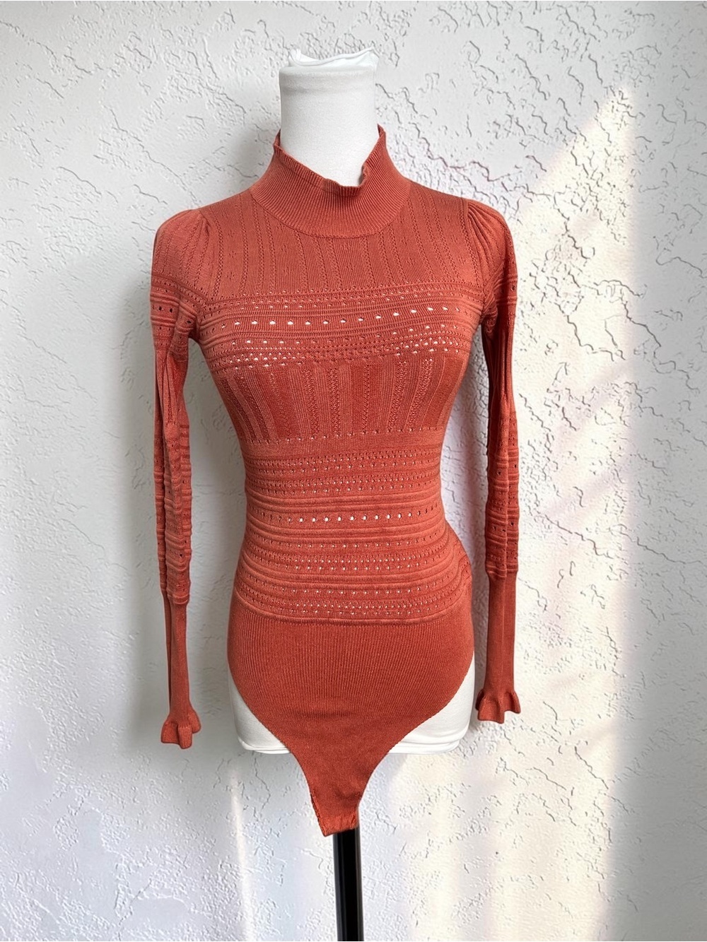 Free People Rust Pointelle Knit Mock Neck Bodysuit | Boho Cottagecore S
